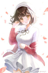 Rule 34 | 1girl, acco (sh in), black hair, black ribbon, blush, breasts, brown eyes, cherry blossoms, hand on own face, hand up, hat, highres, katou megumi, long sleeves, looking at viewer, medium breasts, parted lips, ribbon, saenai heroine no sodatekata, short hair, simple background, skirt, solo, white background, white hat, white ribbon