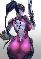 Rule 34 | 1girl, ass, bad id, bad twitter id, bare back, blue hair, breasts, cameltoe, colored skin, from behind, gradient background, grey background, gun, head-mounted display, high ponytail, highres, huge ass, long hair, looking at viewer, looking back, medium breasts, narrow waist, nuezou, overwatch, overwatch 1, ponytail, purple skin, rifle, skin tight, solo, thigh gap, thighs, very long hair, weapon, wide hips, widowmaker (overwatch)