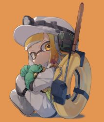 Rule 34 | 1girl, alt text, blonde hair, blunt bangs, blush, boots, closed mouth, commentary, full body, gloves, gradient hair, green gloves, grey footwear, hard hat, hat, headlamp, helmet, highres, inkling, inkling girl, inkling player character, jumpsuit, lifebuoy, long hair, looking at viewer, looking back, multicolored hair, nintendo, orange background, radio antenna, rubber boots, rubber gloves, sahata saba, salmon run (splatoon), shadow, sidelocks, simple background, sitting, solo, splatoon (series), splatoon 2, swim ring, tentacle hair, white hat, white jumpsuit, yellow eyes