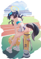 Rule 34 | 1girl, animal ears, ass, back, bare arms, bare legs, bare shoulders, black hair, blue archive, blue eyes, blush, butt crack, cheerleader, crop top, dog ears, dog girl, dog tail, eyewear on head, from behind, full body, goggles, goggles on head, halo, hibiki (blue archive), hibiki (cheer squad) (blue archive), holding, holding pom poms, leaning forward, long hair, looking at viewer, median furrow, millennium cheerleader outfit (blue archive), miniskirt, official alternate costume, open mouth, outdoors, panties, pleated skirt, pom pom (cheerleading), pom poms, ponytail, shoes, sitting, skirt, sneakers, solo, star sticker, string panties, tail, thighs, underwear, white footwear, white panties, white skirt, zi se