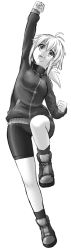 Rule 34 | 1girl, antenna hair, arm up, bike shorts, clenched hands, full body, greyscale, hair between eyes, highres, jacket, koshirae tsurugi (m.m), long hair, long sleeves, looking away, looking up, low ponytail, m.m, monochrome, open mouth, original, ponytail, punching, simple background, sleeves past wrists, socks, solo, track jacket, v-shaped eyebrows, white background