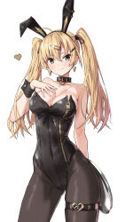 Rule 34 | 1girl, animal ears, black collar, black leotard, black pantyhose, blonde hair, blush, breasts, brown eyes, cleavage, closed mouth, collar, covered navel, duplicate, earrings, fake animal ears, hair ornament, hair ribbon, hairclip, hand on own chest, highleg, highleg leotard, highres, holding, holding tray, jewelry, large breasts, leotard, looking at viewer, original, pantyhose, pixel-perfect duplicate, playboy bunny, rabbit ears, ribbon, smile, solo, standing, strapless, strapless leotard, takanashi kei (hitsujikan), thigh strap, tray, twintails, wrist cuffs