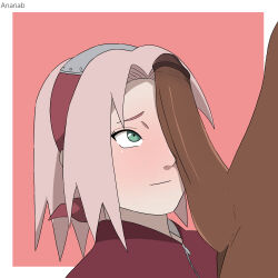 Rule 34 | 1boy, 1girl, absurdres, ananab, artist name, blush, border, closed mouth, dark-skinned male, dark skin, forehead protector, green eyes, hairband, haruno sakura, highres, large penis, looking at another, naruto (series), naruto shippuuden, penis, penis on face, pink background, portrait, red hairband, self-upload, short hair, smile, solo focus, uncensored, white border, zipper, zipper pull tab