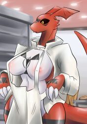 Rule 34 | 1girl, apron, breasts, claws, digimon, digimon (creature), digital hazard, female focus, furry, guilmon, highres, large breasts, solo, tail
