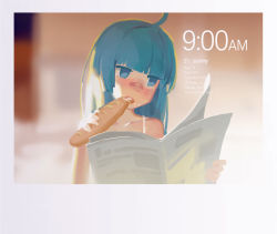 Rule 34 | 1girl, ahoge, bandaid, bandaid on face, bandaid on nose, blue eyes, blue hair, bread, eating, food, hjl, long hair, matching hair/eyes, newspaper, open mouth, original, sketch, solo, time