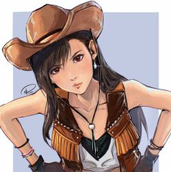Rule 34 | 1girl, angry, black gloves, black hair, blue background, blush, border, brown hat, brown vest, closed mouth, commentary, cowboy hat, cowgirl (western), crisis core final fantasy vii, earrings, english commentary, final fantasy, final fantasy vii, final fantasy vii rebirth, final fantasy vii remake, gloves, hands on own hips, hat, head tilt, highres, jewelry, lips, long hair, looking at viewer, official alternate costume, outside border, pink lips, red eyes, signature, simple background, sleeveless, solo, tifa lockhart, vest, white border, xriviia
