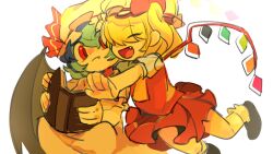 Rule 34 | 2girls, bambootea, bat wings, black footwear, black wings, blonde hair, blue hair, book, chinese commentary, closed eyes, closed mouth, commentary request, dress, fang, flandre scarlet, glomp, happy, hat, hat ribbon, highres, holding, holding book, hug, miniskirt, mob cap, multiple girls, open mouth, pleated skirt, red eyes, red ribbon, red shirt, red skirt, remilia scarlet, ribbon, shirt, short hair, siblings, side ponytail, simple background, sisters, sketch, skirt, smile, socks, touhou, white background, white dress, white headwear, white shirt, white socks, wings