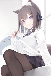 Rule 34 | 1girl, absurdres, animal ear fluff, animal ears, black bow, black hair, black pantyhose, black ribbon, black skirt, blue eyes, blush, bow, breasts, closed mouth, collared shirt, commentary request, dated, diagonal stripes, dress shirt, feet out of frame, hair ribbon, hand up, highres, indoors, long sleeves, looking at viewer, mayogii, medium breasts, original, pantyhose, pleated skirt, ribbon, shirt, signature, sitting, skirt, sleeves past wrists, solo, striped, striped bow, tail, thighband pantyhose, white shirt, window