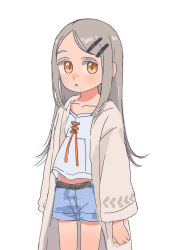 Rule 34 | 1girl, camisole, denim, denim shorts, expressionless, gakuen idolmaster, grey hair, hair ornament, hairclip, hare (tsooy18pjwdw21h), highres, idolmaster, jacket, long hair, looking at viewer, open clothes, open jacket, orange eyes, parted lips, shinosawa hiro, shorts, simple background, sketch, solo, white background, white camisole