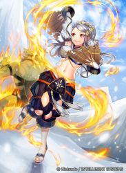 Rule 34 | 1boy, 1girl, breasts, company connection, copyright name, day, dual wielding, elbow gloves, eyelashes, hand fan, fire, fire emblem, fire emblem cipher, fire emblem fates, gloves, grey hair, hair ornament, hair stick, holding, japanese clothes, long hair, looking back, matsurika youko, medium breasts, midriff, navel, nintendo, official art, orochi (fire emblem), red eyes, sandals, sky, snow