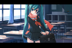 Rule 34 | 1girl, aqua eyes, aqua hair, briefcase, classroom, cold, desk, eto, hatsune miku, letterboxed, long hair, red scarf, scarf, school, school desk, school uniform, solo, thighhighs, twintails, very long hair, vocaloid