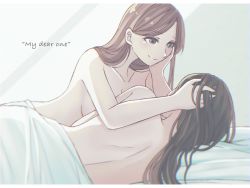 Rule 34 | 2girls, aftersex, back, bare back, bed, bed sheet, blanket, english text, eyelashes, hand on another&#039;s head, long hair, multiple girls, naked sheet, nude, on bed, original, parted bangs, playing with another&#039;s hair, smile, yuri