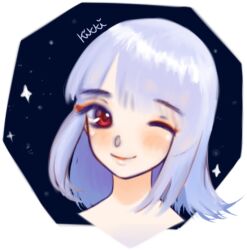 Rule 34 | 1girl, artist name, commentary, english commentary, head only, hexagon, kikkidream, light blush, looking at viewer, medium hair, night, night sky, one eye closed, original, parted lips, red eyes, signature, sky, smile, solo, sparkle, star (sky), transparent background, white hair