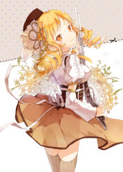 Rule 34 | 10s, 1girl, anmi, beret, blonde hair, cut-here line, detached sleeves, dotted line, drill hair, flower, gun, hair ornament, hat, looking at viewer, looking back, magical girl, magical musket, mahou shoujo madoka magica, mahou shoujo madoka magica (anime), ribbon, rifle, see-through, skirt, smile, solo, thighhighs, tomoe mami, weapon, yellow eyes