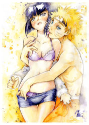 Rule 34 | artist request, bare shoulders, blonde hair, blue eyes, blue hair, blush, bra, breasts, collarbone, couple, facial mark, forehead protector, highres, hyuuga hinata, licking, lingerie, male focus, naruto, naruto (series), open mouth, panties, short hair, tongue, underwear, undressing, uzumaki naruto, white eyes