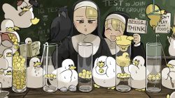 Rule 34 | &gt; &lt;, 2girls, :d, :o, ^ ^, animal, animal on shoulder, beak hold, bendy straw, beret, bib, bird, bird on shoulder, blonde hair, book, chalkboard, chicken, closed eyes, clumsy nun (diva), commentary, corn, crow, cup, diva (hyxpk), drinking, drinking glass, drinking straw, duck, duckling, english commentary, english text, fishing hook, fishing rod, hammer, hanging, hat, highres, leaf, leaf on head, little nuns (diva), monocle, mouth hold, multiple girls, nervous sweating, nun, open mouth, poster (object), reading, reflection, rope, sign, smile, spicy nun (diva), spill, stone, stuck, sweat, sweatdrop, top hat, traditional nun, u u, water, yellow eyes