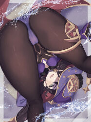 Rule 34 | 1girl, ass, black pantyhose, blush, cape, earrings, fur trim, genshin impact, green eyes, hat, hat ornament, highres, jewelry, leotard, looking at viewer, lying, mona (genshin impact), on back, open mouth, pantyhose, purple hat, revision, smile, solo, star (symbol), star earrings, star hat ornament, sukoyaka93, thighs, twintails, upside-down, water, witch hat