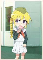 Rule 34 | 1girl, black bow, black shirt, blonde hair, blue eyes, blush, border, bow, braid, commentary request, eating, feet out of frame, flat chest, food, fuka (kantoku), garrison cap, green hat, hair bow, hat, highres, holding, holding food, holding ice cream, ice cream, kill me baby, long bangs, long hair, long sleeves, looking at viewer, military hat, neckerchief, open mouth, pleated skirt, red neckerchief, shirt, skirt, skirt grab, solo, sonya (kill me baby), twin braids, vest, white border, white skirt, white vest