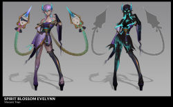 Rule 34 | 1girl, absurdres, alternate costume, animal print, artist name, bare shoulders, black skin, black thighhighs, braid, breasts, butterfly print, cleavage, colored skin, commentary, contrapposto, dark-skinned female, dark skin, detached sleeves, dress, earrings, english commentary, evelynn (league of legends), glowing, glowing eyes, glowing skin, hair between eyes, highres, horns, jewelry, large breasts, league of legends, long hair, off-shoulder dress, off shoulder, pointy ears, purple dress, sandals, sidelocks, single thighhigh, smile, solo, spirit blossom (league of legends), thighhighs, twin braids, very long hair, vincent t (oriaarts)