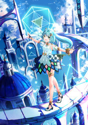 Rule 34 | 1girl, :d, absurdres, anklet, aqua hair, blunt bangs, blurry, bracelet, bridal gauntlets, commentary request, depth of field, detached sleeves, faruzan (genshin impact), full body, genshin impact, green eyes, hair between eyes, hair ornament, highres, jewelry, long hair, looking at viewer, open mouth, outstretched arms, pendant choker, ruins, short sleeves, sidelocks, smile, solo, spread arms, thighlet, twintails, walking, x hair ornament, you cao xi