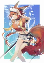 Rule 34 | 1girl, animal ears, arknights, black choker, breasts, chinese commentary, choker, commentary request, crop top, cropped legs, flametail (arknights), flametail (sport for all) (arknights), grin, hair between eyes, head-mounted display, highres, jumaodajituizi, large tail, long hair, long sleeves, looking at viewer, medium breasts, midriff, navel, official alternate costume, orange eyes, orange hair, orange shirt, shirt, short shorts, short sleeves, shorts, smile, solo, standing, stomach, tail, thigh strap, thighs, tied shirt, very long hair, white shorts