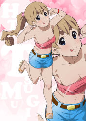 Rule 34 | 1girl, arms up, bare arms, bare legs, bare shoulders, blonde hair, breasts, cleavage, closed mouth, collarbone, denim, denim shorts, double biceps pose, flexing, full body, green eyes, k-on!, kotobuki tsumugi, legs, long hair, looking at viewer, medium breasts, mizuhara tatsuya, multiple views, navel, pink scrunchie, pink tube top, ponytail, red wristband, sandals, scrunchie, shorts, solo, standing, standing on one leg, thick eyebrows, thighs, toenails, toes, tongue, tongue out, tube top, wristband, zoom layer