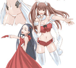 Rule 34 | 3girls, :d, black eyes, black hair, breasts, brown eyes, brown hair, character request, cleavage, dress, floating hair, gloves, hair bobbles, hair ornament, hand up, holding, holding microphone, honjou raita, jewelry, kuramoto erika, large breasts, long dress, long hair, looking at viewer, mahou shoujo (raita), microphone, midriff, multiple girls, music, navel, nitta yui, open mouth, outstretched arm, panties, red dress, red gloves, red shorts, ring, short shorts, shorts, simple background, singing, smile, thighhighs, twintails, underwear, white background, white legwear, white panties