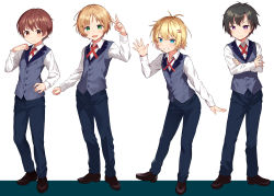 Rule 34 | 4boys, absurdres, bad id, bad pixiv id, bishounen, black hair, blonde hair, blue eyes, brown hair, collared shirt, cross tie, crossed arms, full body, green eyes, hair ornament, hairclip, highres, konmamion, male focus, multiple boys, open mouth, original, purple eyes, shirt, simple background, smile, vest, waving, white background, white shirt