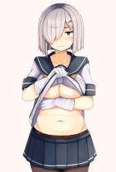 Rule 34 | 10s, 1girl, black pantyhose, blonde hair, blue eyes, blue skirt, breast hold, breasts, closed mouth, clothes lift, collarbone, cowboy shot, eyebrows, frown, gloves, hair ornament, hair over one eye, hairclip, hamakaze (kancolle), highres, kantai collection, large breasts, lifted by self, looking at viewer, navel, neckerchief, pantyhose, plan (planhaplalan), pleated skirt, school uniform, serafuku, shirt lift, short hair, short sleeves, silver hair, simple background, skirt, sleeve cuffs, solo, standing, stomach, underboob, white gloves