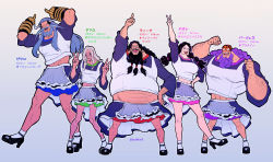 Rule 34 | 1girl, 4boys, abs, alternate costume, arm hair, arm up, arms up, avalo pizarro, bare legs, beard, belly, black hair, blue hair, catarina devon, character name, crossdressing, doc q, double v, eye mask, facial hair, facial mark, fat, fat man, full body, gauntlets, grey hair, grin, hand on own hip, hand up, hands up, height chart, height difference, high heels, highres, horns, index finger raised, jesus burgess, lipstick, long hair, long sleeves, looking at viewer, makeup, marshall d. teach, mask, midriff peek, miniskirt, missing tooth, multiple boys, muscular, muscular male, mustache, navel, one piece, open mouth, pointing, pointing up, purple hair, shirt, shoes, side-by-side, sidelocks, skirt, smile, socks, standing, standing on one leg, stomach, twintails, twitter username, v, youkan (tako)