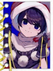 Rule 34 | 1girl, :3, black gloves, blue eyes, closed mouth, doremy sweet, gloves, hat, holding, ishikawa sparerib, looking at viewer, nightcap, pom pom (clothes), purple hair, red hat, short hair, smile, solo, touhou, upper body