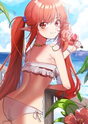Rule 34 | 1girl, absurdres, bikini, candy, dungeon and fighter, food, highres, kopeolgi, looking at viewer, mage (dungeon and fighter), ocean, smile, solo, swimsuit, twintails