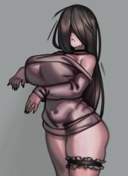 Rule 34 | 1girl, bare shoulders, black choker, black hair, black nails, breasts, choker, covered navel, detached sleeves, dress, ghost pose, grey background, grey dress, hair over eyes, hair over face, highres, huge breasts, jewelry, kelvin hiu, legs together, long hair, nail polish, off-shoulder dress, off shoulder, ring, short dress, sleeves past wrists, solo, standing, strap gap, sweatdrop, the ring, thick thighs, thigh strap, thighs, wedding band, yamamura sadako