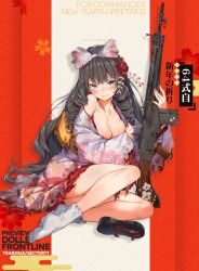Rule 34 | 1girl, angry, battle rifle, black hair, blue eyes, blush, breasts, character name, cleavage, drill hair, drill sidelocks, english text, floral print, flower, full body, fur collar, girls&#039; frontline, gun, howa type 64, howa type 64 (girls&#039; frontline), japanese clothes, kimono, official alternate costume, official art, rifle, sandals, sidelocks, socks, solo, torn, torn clothes, torn kimono, weapon