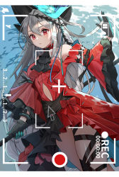 Rule 34 | 1girl, absurdres, arknights, black gloves, blue headwear, closed mouth, commentary, dress, english commentary, eyebrows hidden by hair, gloves, grey hair, hair between eyes, hand up, hat, highres, holding, long hair, long sleeves, looking at viewer, official alternate costume, recording, red dress, red eyes, skadi (arknights), skadi the corrupting heart (arknights), u jin, very long hair, viewfinder, wide sleeves