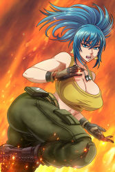 Rule 34 | 1girl, ass, blue eyes, blue hair, boots, crop top, earrings, gloves, highres, jewelry, leona heidern, military, military uniform, open mouth, pants, sano br, snk, soldier, tank top, the king of fighters, triangle earrings, uniform, yellow tank top