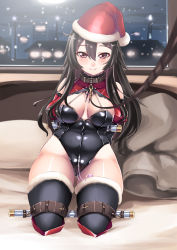 Rule 34 | 1girl, arms behind back, bdsm, black gloves, black hair, black thighhighs, blush, bondage, bound, bound arms, bound legs, breasts, cleavage, collar, covered navel, gloves, hat, hiememiko, highres, kneeling, leash, long hair, looking at viewer, original, purple eyes, santa hat, sex toy, smile, snowing, solo, thighhighs, vibrator, vibrator under clothes, viewer holding leash
