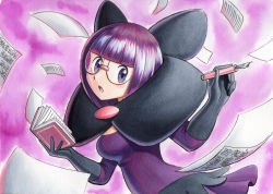 Rule 34 | 1girl, :o, blunt bangs, blush, book, commentary, creatures (company), dress, eyelashes, game freak, glasses, gloves, hands up, highres, holding, holding book, holding pen, looking at viewer, nintendo, oka mochi, open mouth, paper, pen, pokemon, pokemon bw, purple background, purple dress, purple eyes, purple hair, round eyewear, shauntal (pokemon), short hair, solo, tongue, traditional media