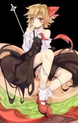 Rule 34 | 1girl, bad id, bad twitter id, black background, blonde hair, burger, commentary, food, full body, hair ribbon, hand to own mouth, highres, knees apart feet together, lettuce, looking at viewer, necktie, off shoulder, red eyes, ribbon, rumia, shirt, shirt slip, shoes, short hair, sitting, sitting on food, skirt, skirt set, socks, solo, suminagashi, tomato, toothpick, touhou, vest