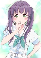 Rule 34 | 1girl, alternate hairstyle, blush, clenched hand, commentary request, dress, furrowed brow, green eyes, green neckerchief, hand on own hip, hasu no sora school uniform, highres, link! like! love live!, long hair, looking at viewer, love live!, neckerchief, otomune kozue, purple hair, sailor collar, school uniform, short sleeves, solo, summer uniform, twintails, upper body, virtual youtuber, white dress, white sailor collar, zero-theme