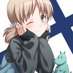 Rule 34 | 10s, 1girl, aki (girls und panzer), bad id, bad pixiv id, blonde hair, blush, girls und panzer, green eyes, hands on own face, jacket, jersey, long sleeves, looking at viewer, moomin, moomintroll, one eye closed, pairan, short twintails, smile, solo, track jacket, twintails