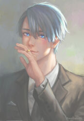 Rule 34 | 1boy, black jacket, black necktie, blue eyes, closed mouth, collared jacket, collared shirt, commentary, english commentary, grey background, hand to own mouth, headshot, highres, jacket, jewelry, long sleeves, looking at viewer, maosishu, necktie, realistic, ring, shirt, short hair, smile, sunlight, thick eyebrows, tuxedo, upper body, viktor nikiforov, white hair, white shirt, yuri!!! on ice