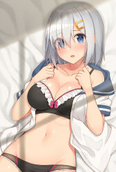 Rule 34 | 10s, 1girl, black bra, black panties, blue eyes, bra, breasts, cleavage, eyes visible through hair, hair ornament, hair over one eye, hairclip, hamakaze (kancolle), highres, kantai collection, large breasts, lying, navel, on back, open clothes, open mouth, panties, short hair, shuuichi, silver hair, solo, underwear