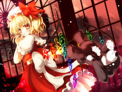 Rule 34 | 1girl, blonde hair, bow, finger to mouth, fingernails, flandre scarlet, gengetsu chihiro, hat, hat bow, highres, looking at viewer, looking back, red eyes, sash, scarlet devil mansion, shirt, side ponytail, skirt, skirt set, solo, stuffed animal, stuffed toy, teddy bear, touhou, vest, window, wings