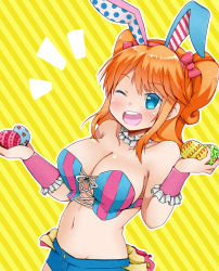 Rule 34 | 1girl, animal ears, artist request, bikini, bikini top only, blue eyes, blush, breasts, character name, collar, denim, denim shorts, easter, easter egg, egg, female focus, food, frills, girlfriend (kari), high heels, highres, holding, holding food, indoors, large breasts, one eye closed, open mouth, orange hair, rabbit ears, sagara emi, shorts, skirt, smile, striped, striped background, swimsuit, tagme, teeth, thighhighs, two side up, upper teeth only, wink, yellow background