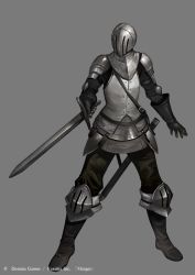 Rule 34 | 1other, ambiguous gender, armor, brown footwear, brown pants, covered face, faulds, full armor, full body, gorget, grey background, helmet, holding, holding sword, holding weapon, km yama, knee pads, margot, official art, pants, simple background, solo, sword, watermark, weapon