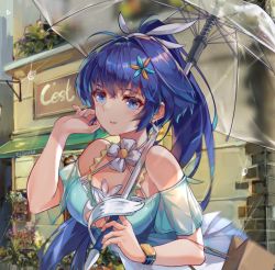 Rule 34 | 1girl, alternate eye color, alternate hair color, bag, bare shoulders, blue eyes, blue hair, blue nails, breasts, cafe, city, cleavage, dress, earrings, grin, hair between eyes, hair ornament, holding, holding umbrella, honkai (series), honkai impact 3rd, jewelry, long hair, looking at viewer, nail polish, off-shoulder dress, off shoulder, open mouth, outdoors, ponytail, raiden mei, raiden mei (lightning empress), shopping bag, short sleeves, smile, solo, summer uniform, teeth, umbrella, watch, wristwatch, zomzomzomsauce