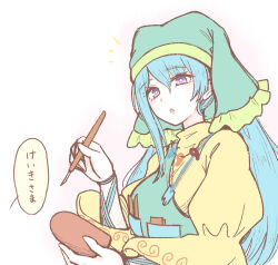 Rule 34 | 1girl, apron, arm ribbon, arm strap, blue hair, breasts, chisel, commentary request, dress, frilled hood, frills, green apron, green hood, green scarf, haniwa (statue), haniyasushin keiki, head scarf, holding, hood, jewelry, long hair, magatama, magatama necklace, medium breasts, necklace, puffy short sleeves, puffy sleeves, purple eyes, ribbon, scarf, shokabatsuki, short sleeves, single strap, solo, tools, touhou, translation request, turtleneck, turtleneck dress, very long hair, wood carving tool, yellow dress