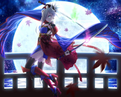 Rule 34 | 1girl, asymmetrical hair, autumn leaves, backlighting, black thighhighs, blue eyes, blue kimono, detached sleeves, dual wielding, earrings, fate/grand order, fate (series), full body, geduan, hair ornament, hair over one eye, high heels, highres, holding, holding sword, holding weapon, japanese clothes, jewelry, katana, kimono, leaf print, looking at viewer, magatama, maple leaf print, miyamoto musashi (fate), miyamoto musashi (third ascension) (fate), night, obi, outdoors, pink hair, ponytail, sandals, sash, sheath, sheathed, short kimono, sleeveless, sleeveless kimono, solo, sword, thighhighs, unsheathed, weapon, wide sleeves