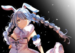 Rule 34 | 1girl, animal ear fluff, animal ears, black background, blue bow, blue hair, bow, braid, breasts, carrot, cleavage, don-chan (usada pekora), floating hair, food-themed hair ornament, hair bow, hair ornament, hololive, looking up, multicolored hair, rabbit ears, short eyebrows, small breasts, smile, solo, twin braids, usada pekora, usada pekora (1st costume), virtual youtuber, white bow, white hair, yagi (yagiumaaai), yellow eyes
